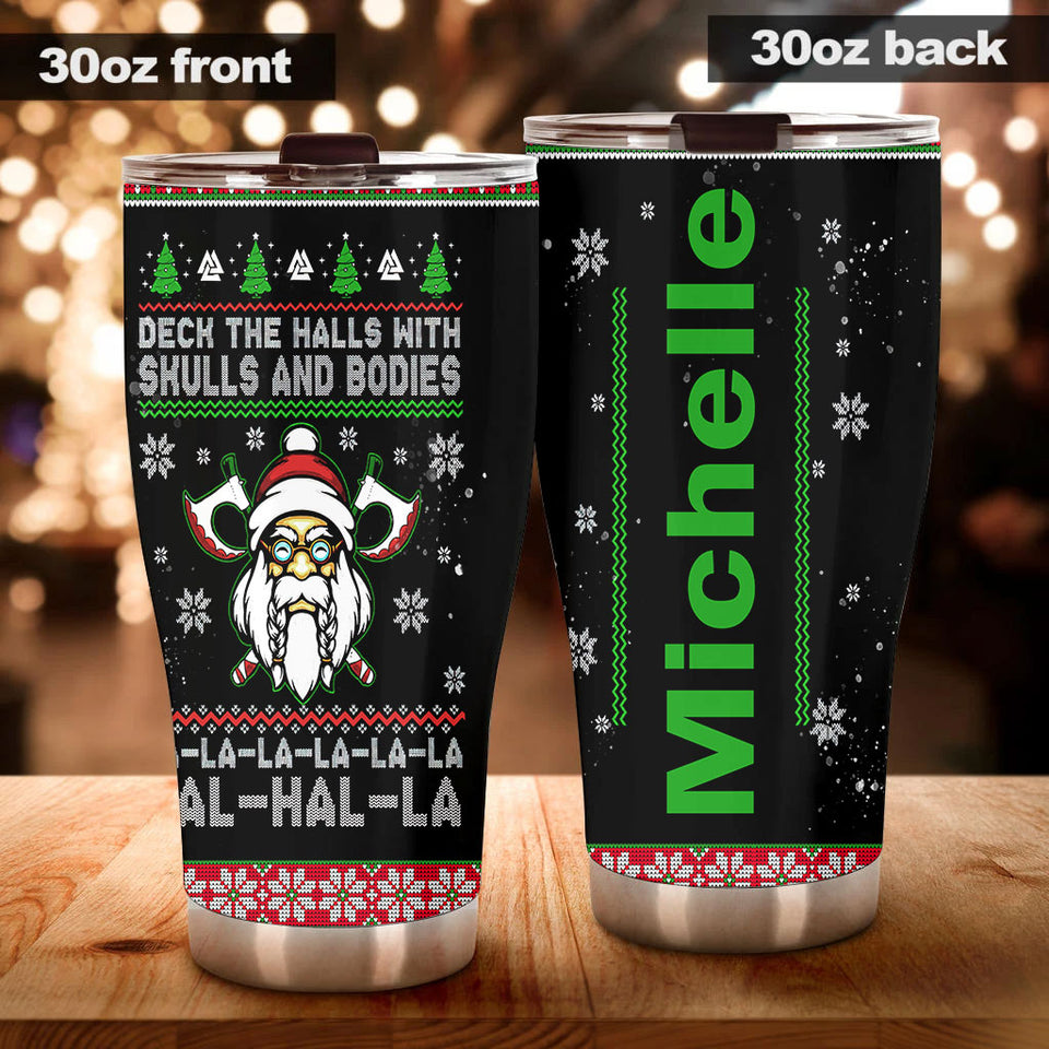 Camellia Personalized Santa Viking Skulls And Bodies Valhalla Stainless Steel Tumbler - Double-Walled Insulation Thermal Cup With Lid Gift For Christmas