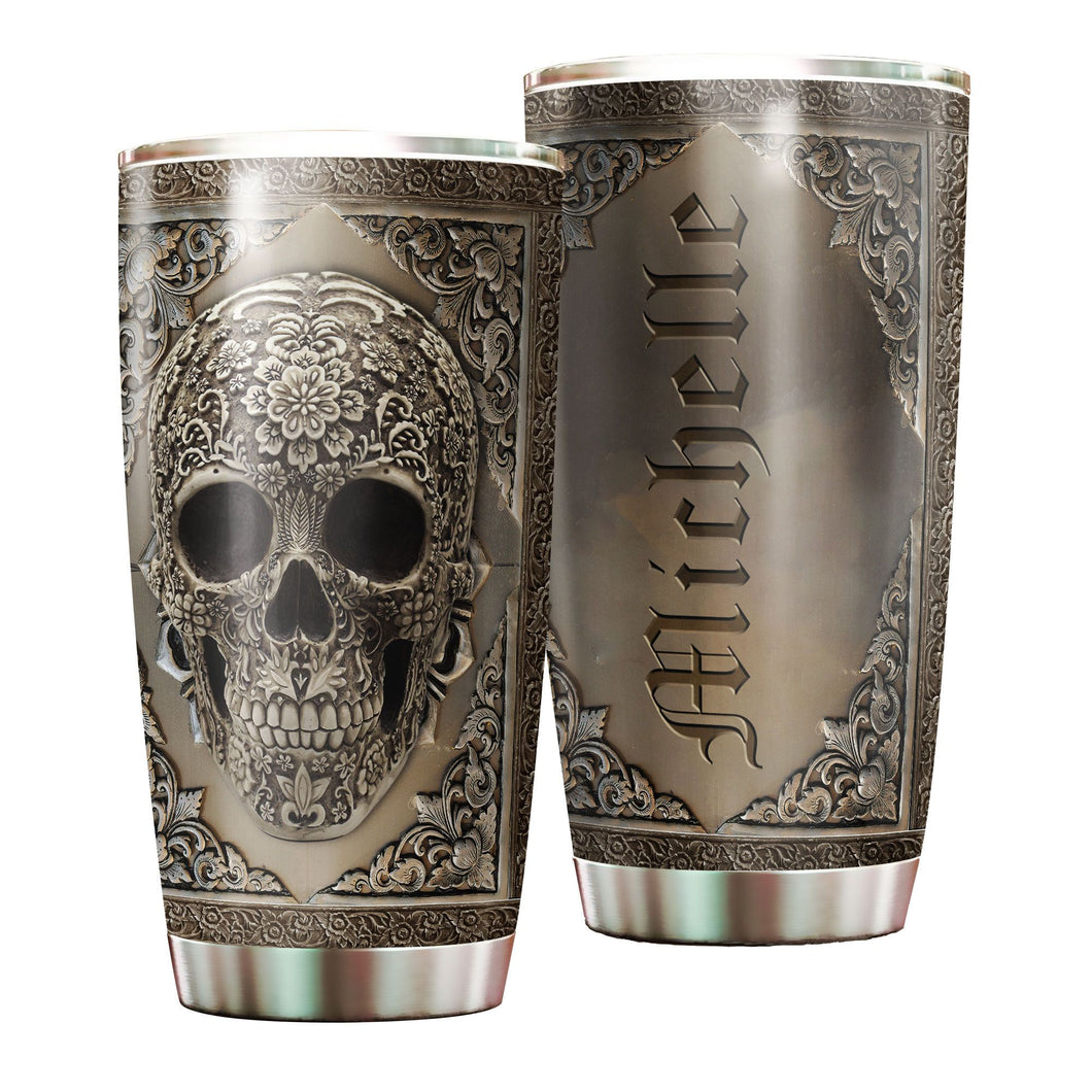 Camellia Personalized Metal Skull Skeleton Stainless Steel Tumbler - Double-Walled Insulation Travel Thermal Cup With Lid