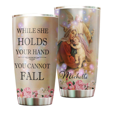 Camellia Personalized While She Holds Your Hand Cannot Fall Stainless Steel Tumbler - Double-Walled Insulation Thermal Cup With Lid For Faith Believer