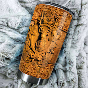 Camellia Personalized Deer Hunting Wooden Style Stainless Steel Tumbler - Double-Walled Insulation Travel Thermal Cup With Lid Gift For Deer Hunter Men