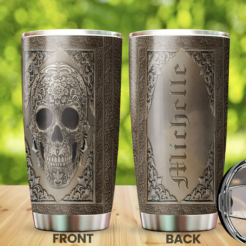 Camellia Personalized Metal Skull Skeleton Stainless Steel Tumbler - Double-Walled Insulation Travel Thermal Cup With Lid