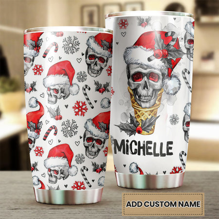 Camellia Personalized Skull Wearing Santa Hat Merry Christmas Stainless Steel Tumbler - Double-Walled Insulation Thermal Cup With Lid Gift For Xmas Holiday