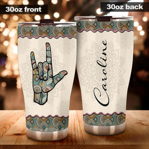 Camellia Personalized Hippie Henna Hand Sign Graphic Rock Stainless Steel Tumbler - Double-Walled Insulation Travel Thermal Cup With Lid Gift For Teenager Birthday