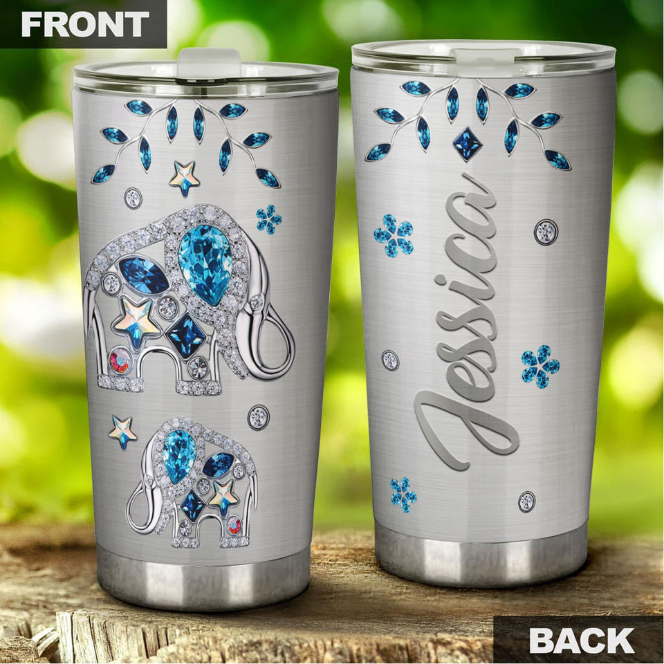 Camellia Personalized Animal Elephants Jewelry Style Tumbler Stainless Steel Tumbler - Double-Walled Insulation Travel Thermal Cup With Lid Gift For Elephant Lover Zoo Keeper