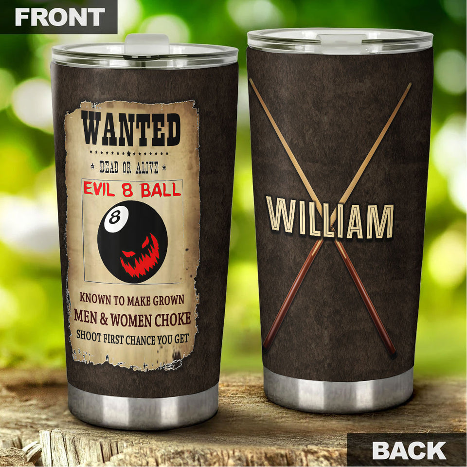 Camellia Personalized Billiards Wanted Evil 8 Ball Vintage Stainless Steel Tumbler - Double-Walled Insulation Sporty Thermal Cup With Lid Gift For Billiards Pool Player