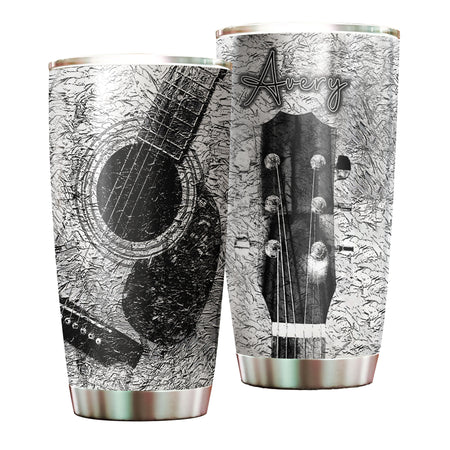 Camellia Personalized Guitar Silver Vintage Graphics Stainless Steel Tumbler - Double-Walled Insulation Thermal Cup With Lid Gift For Guitarist Bass Player