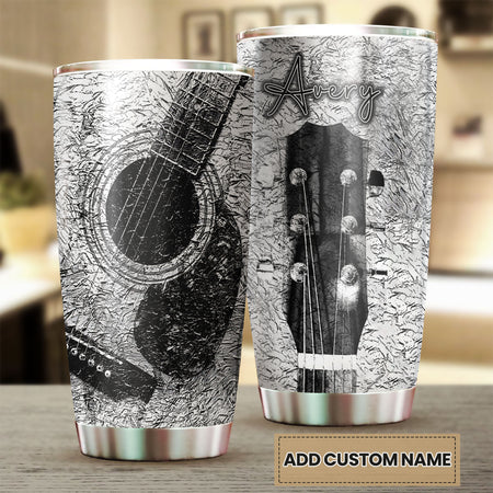 Camellia Personalized Guitar Silver Vintage Graphics Stainless Steel Tumbler - Double-Walled Insulation Thermal Cup With Lid Gift For Guitarist Bass Player