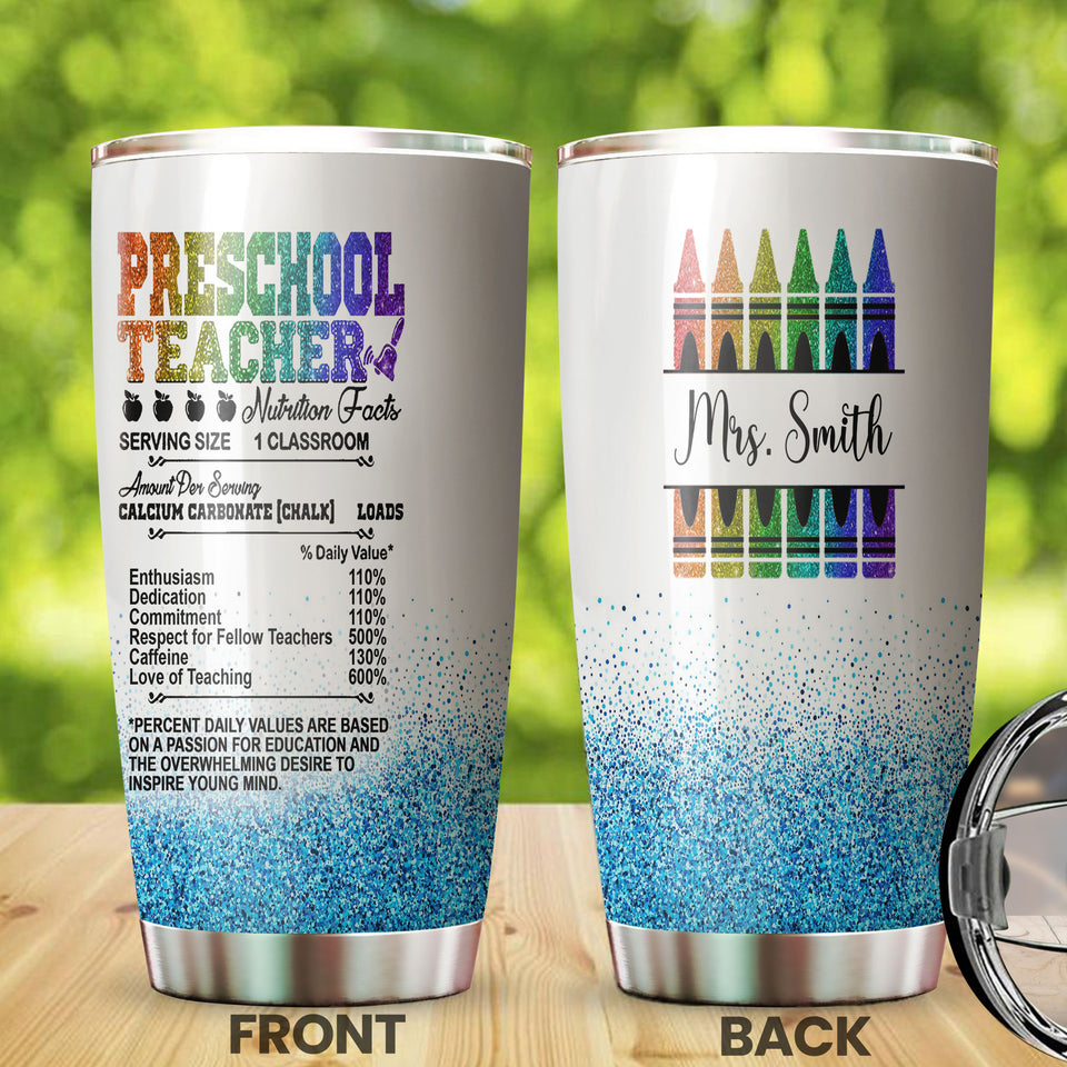 Camellia Personalized Rainbow Preschool Teacher Nutrition Facts Crayon Stainless Steel Tumbler - Double-Walled Insulation Travel Thermal Cup With Lid Gift For Back To School