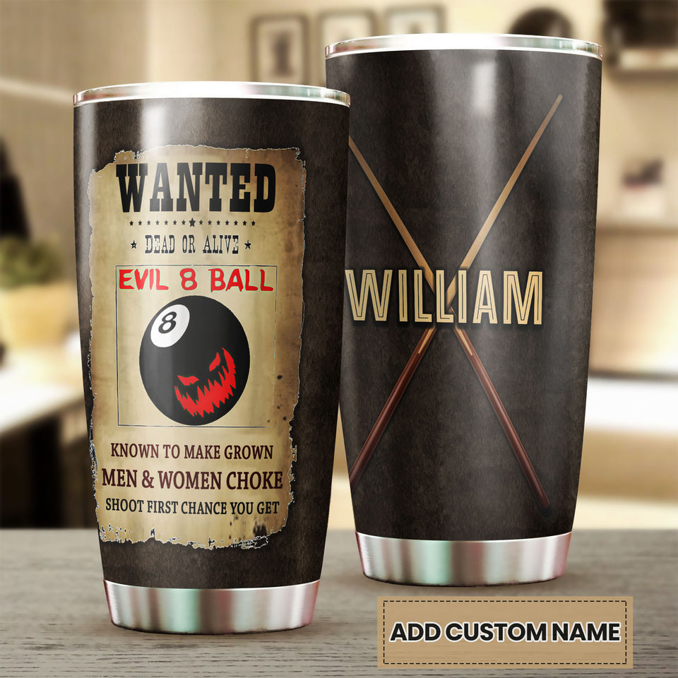 Camellia Personalized Billiards Wanted Evil 8 Ball Vintage Stainless Steel Tumbler - Double-Walled Insulation Sporty Thermal Cup With Lid Gift For Billiards Pool Player