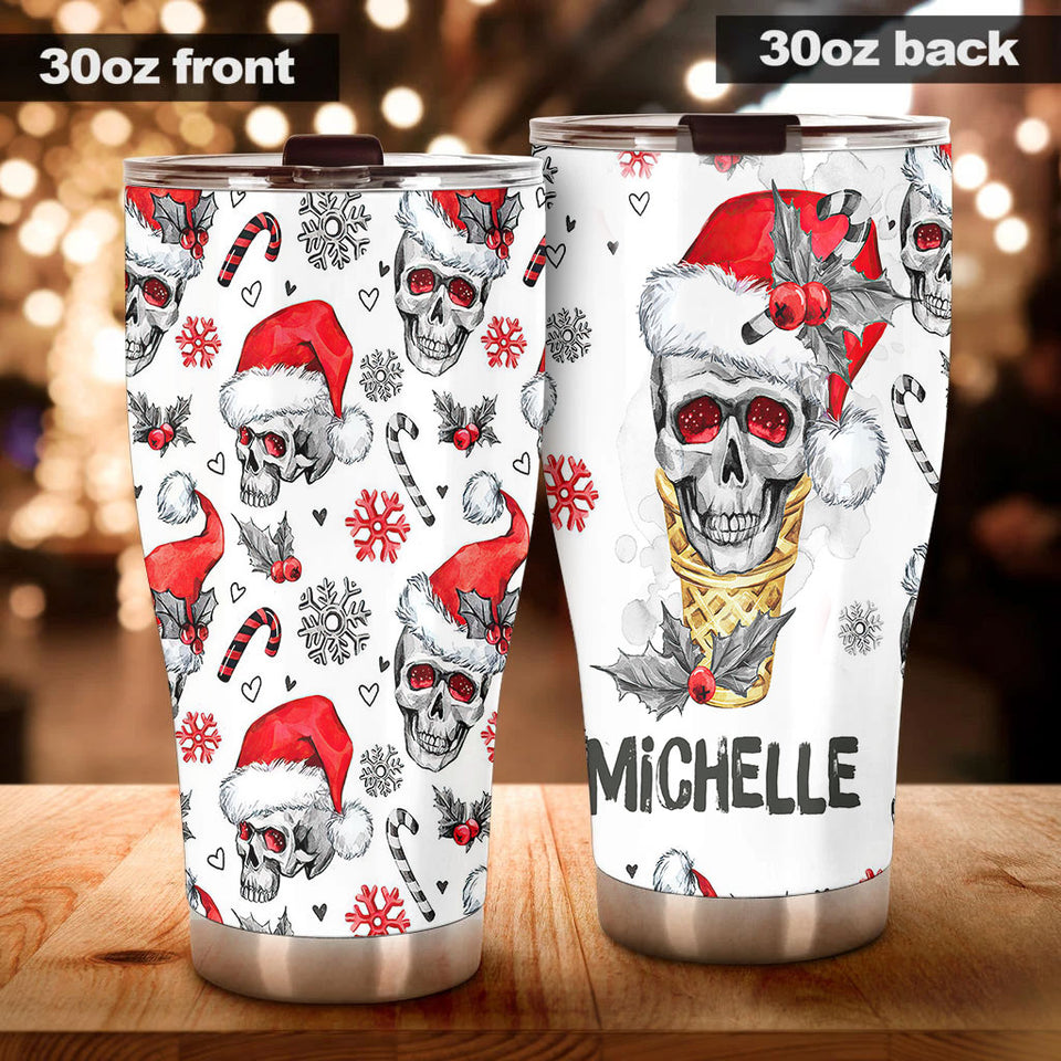 Camellia Personalized Skull Wearing Santa Hat Merry Christmas Stainless Steel Tumbler - Double-Walled Insulation Thermal Cup With Lid Gift For Xmas Holiday