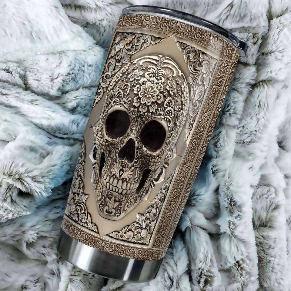 Camellia Personalized Metal Skull Skeleton Stainless Steel Tumbler - Double-Walled Insulation Travel Thermal Cup With Lid