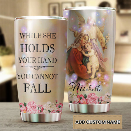 Camellia Personalized While She Holds Your Hand Cannot Fall Stainless Steel Tumbler - Double-Walled Insulation Thermal Cup With Lid For Faith Believer