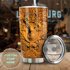 Camellia Personalized Deer Hunting Wooden Style Stainless Steel Tumbler - Double-Walled Insulation Travel Thermal Cup With Lid Gift For Deer Hunter Men