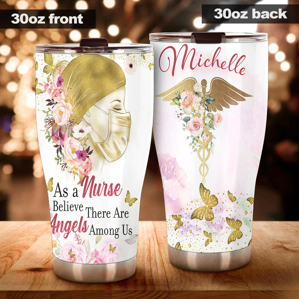 Camellia Personalized Nurse Believe Angels Among Us Stainless Steel Tumbler - Double-Walled Insulation Thermal Cup With Lid Gift For Nurse Healthcare Worker