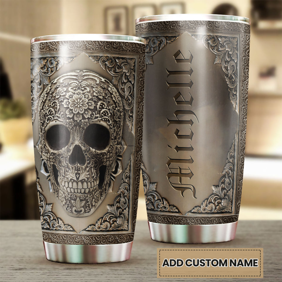 Camellia Personalized Metal Skull Skeleton Stainless Steel Tumbler - Double-Walled Insulation Travel Thermal Cup With Lid