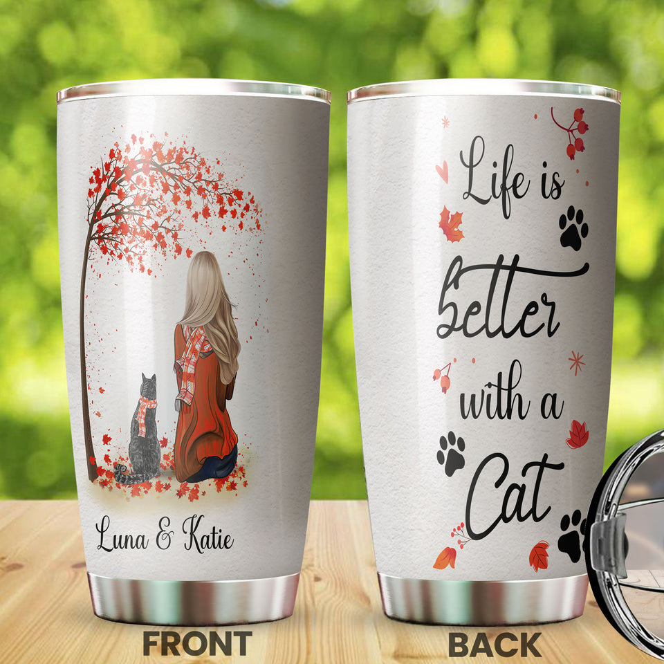 Camellia Personalized Autumn Girl Black Cat Life Is Better With Cat Stainless Steel Tumbler - Double-Walled Insulation Thermal Cup With Lid Gift For Pet Lover Cat Mom