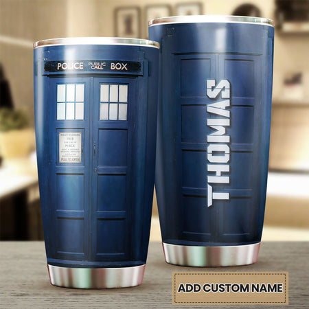 Camellia Personalized American Police Public Call Box Vintage Blue Stainless Steel Tumbler - Double-Walled Insulation Thermal Cup With Lid Gift For Police Officer Military