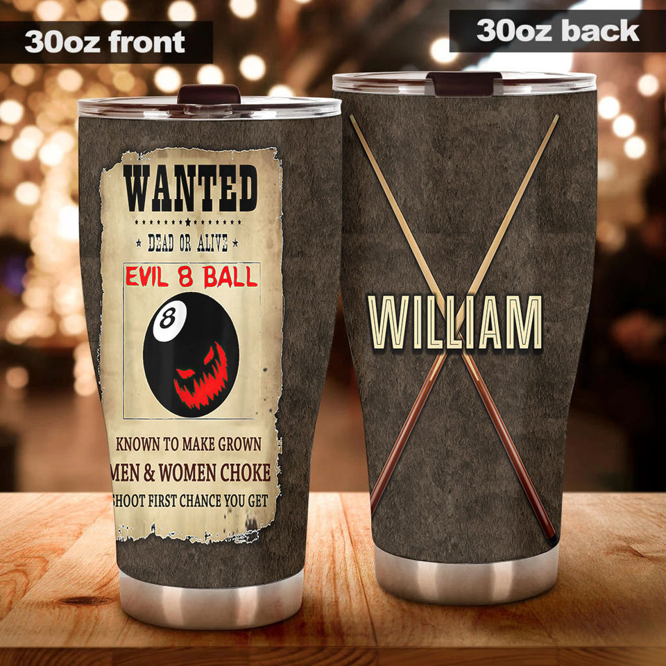 Camellia Personalized Billiards Wanted Evil 8 Ball Vintage Stainless Steel Tumbler - Double-Walled Insulation Sporty Thermal Cup With Lid Gift For Billiards Pool Player