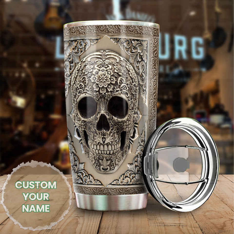 Camellia Personalized Metal Skull Skeleton Stainless Steel Tumbler - Double-Walled Insulation Travel Thermal Cup With Lid