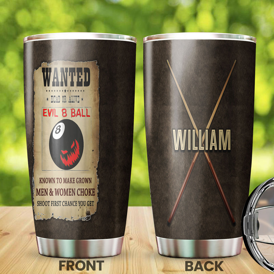 Camellia Personalized Billiards Wanted Evil 8 Ball Vintage Stainless Steel Tumbler - Double-Walled Insulation Sporty Thermal Cup With Lid Gift For Billiards Pool Player
