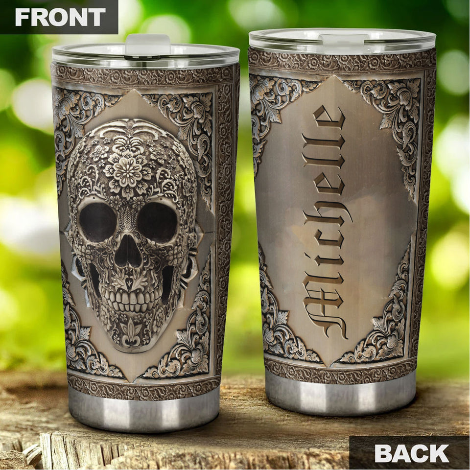 Camellia Personalized Metal Skull Skeleton Stainless Steel Tumbler - Double-Walled Insulation Travel Thermal Cup With Lid