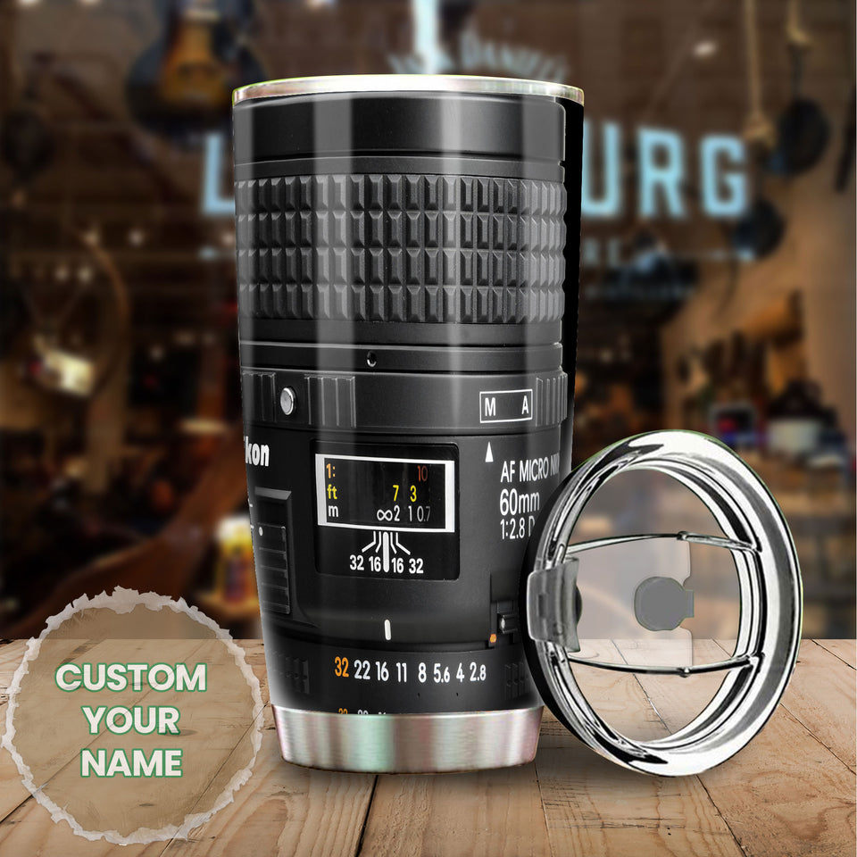 Camellia Personalized Photographer Camera Lens Graphic Stainless Steel Tumbler - Double-Walled Insulation Travel Thermal Cup With Lid Gift For Photographer