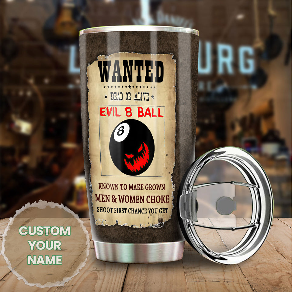 Camellia Personalized Billiards Wanted Evil 8 Ball Vintage Stainless Steel Tumbler - Double-Walled Insulation Sporty Thermal Cup With Lid Gift For Billiards Pool Player