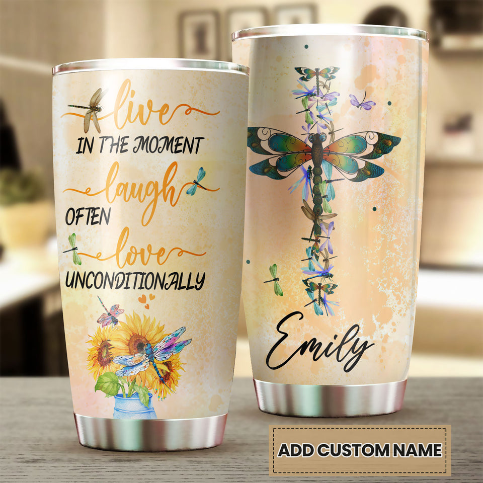 Camellia Personalized Hippie Dragonfly Laugh Often Love Unconditionally Stainless Steel Tumbler - Double-Walled Insulation Thermal Cup With Lid Gift For Hipster Teenager