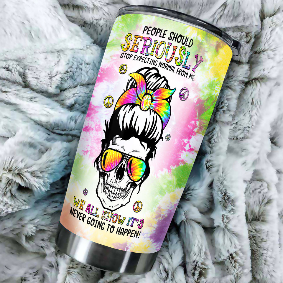 Camellia Personalized Tye Dye Skull Hippie Girl Stop Expecting Normal From Me Stainless Steel Tumbler - Double-Walled Insulation Thermal Cup With Lid Gift For Hipster Peace Lover
