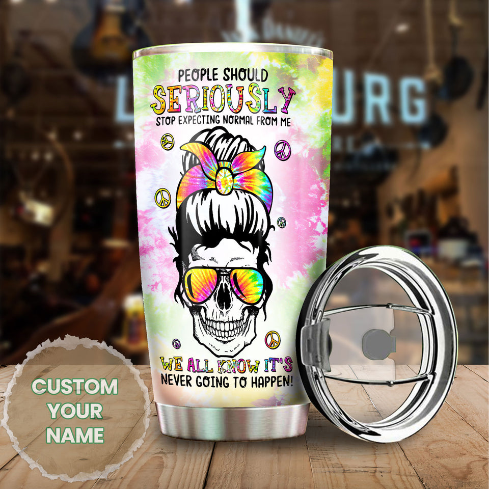 Camellia Personalized Tye Dye Skull Hippie Girl Stop Expecting Normal From Me Stainless Steel Tumbler - Double-Walled Insulation Thermal Cup With Lid Gift For Hipster Peace Lover