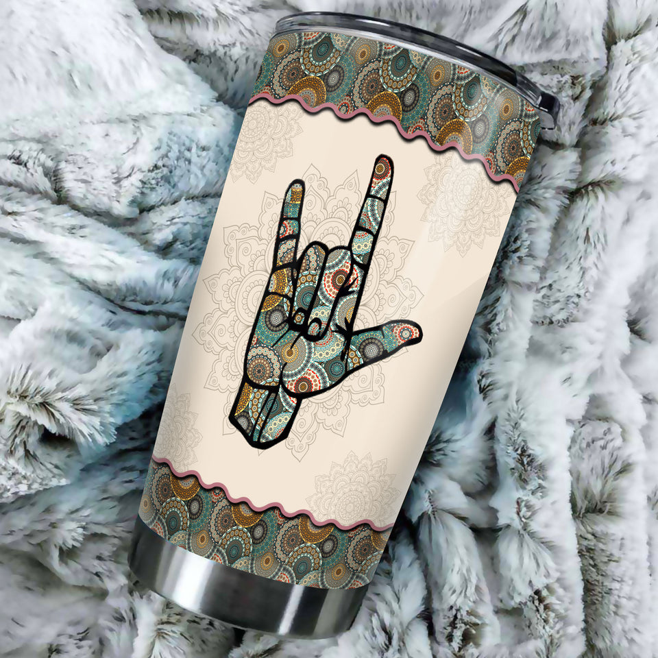 Camellia Personalized Hippie Henna Hand Sign Graphic Rock Stainless Steel Tumbler - Double-Walled Insulation Travel Thermal Cup With Lid Gift For Teenager Birthday