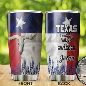 Camellia Personalized Bull Skull Texas Blend Of Valor And Swagger Stainless Steel Tumbler - Double-Walled Insulation Travel Thermal Cup With Lid Gift For Texas Cowboy American