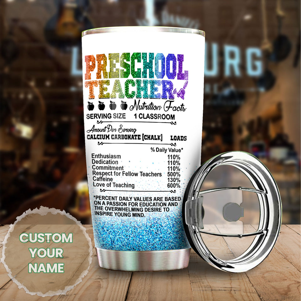 Camellia Personalized Rainbow Preschool Teacher Nutrition Facts Crayon Stainless Steel Tumbler - Double-Walled Insulation Travel Thermal Cup With Lid Gift For Back To School