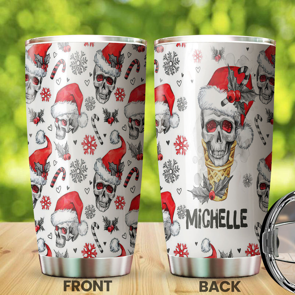 Camellia Personalized Skull Wearing Santa Hat Merry Christmas Stainless Steel Tumbler - Double-Walled Insulation Thermal Cup With Lid Gift For Xmas Holiday