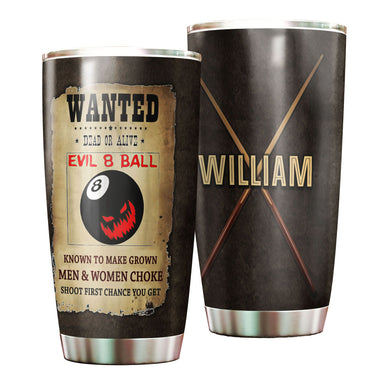 Camellia Personalized Billiards Wanted Evil 8 Ball Vintage Stainless Steel Tumbler - Double-Walled Insulation Sporty Thermal Cup With Lid Gift For Billiards Pool Player