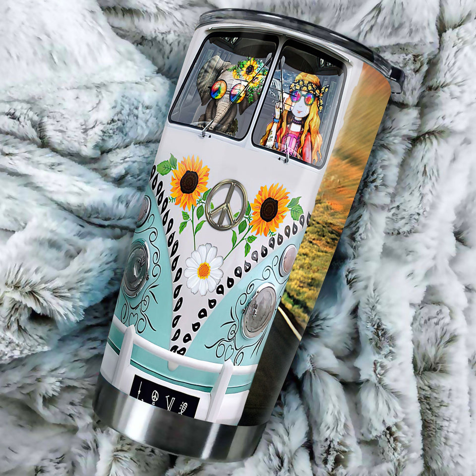 Camellia Personalized Hippie Girl And Elephant Sunflower Stainless Steel Tumbler - Double-Walled Insulation Travel Thermal Cup With Lid Gift For Hipster Peace Lover