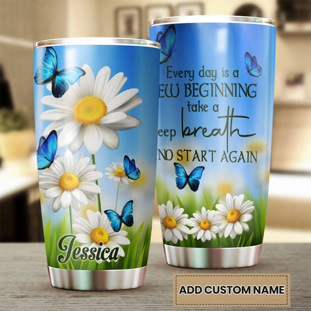 Camellia Personalized Daisy Butterfly Everyday Is A New Beginning Motivational Quote Stainless Steel Tumbler - Double-Walled Insulation Travel Thermal Cup With Lid