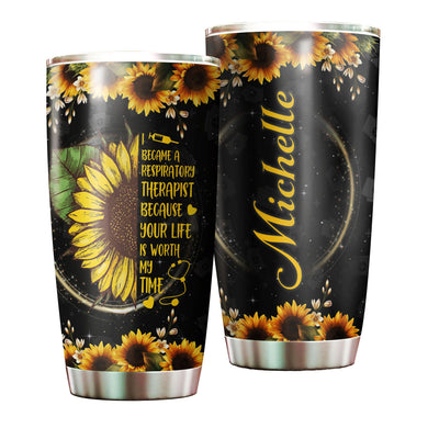 Camellia Personalized Sunflower Respiratory Therapist Your Life Worth My Time Stainless Steel Tumbler - Double-Walled Insulation Thermal Cup With Lid Gift For Respiratory Therapist