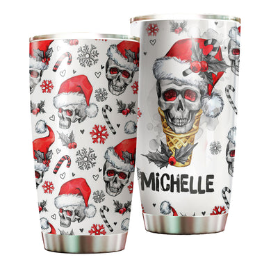 Camellia Personalized Skull Wearing Santa Hat Merry Christmas Stainless Steel Tumbler - Double-Walled Insulation Thermal Cup With Lid Gift For Xmas Holiday