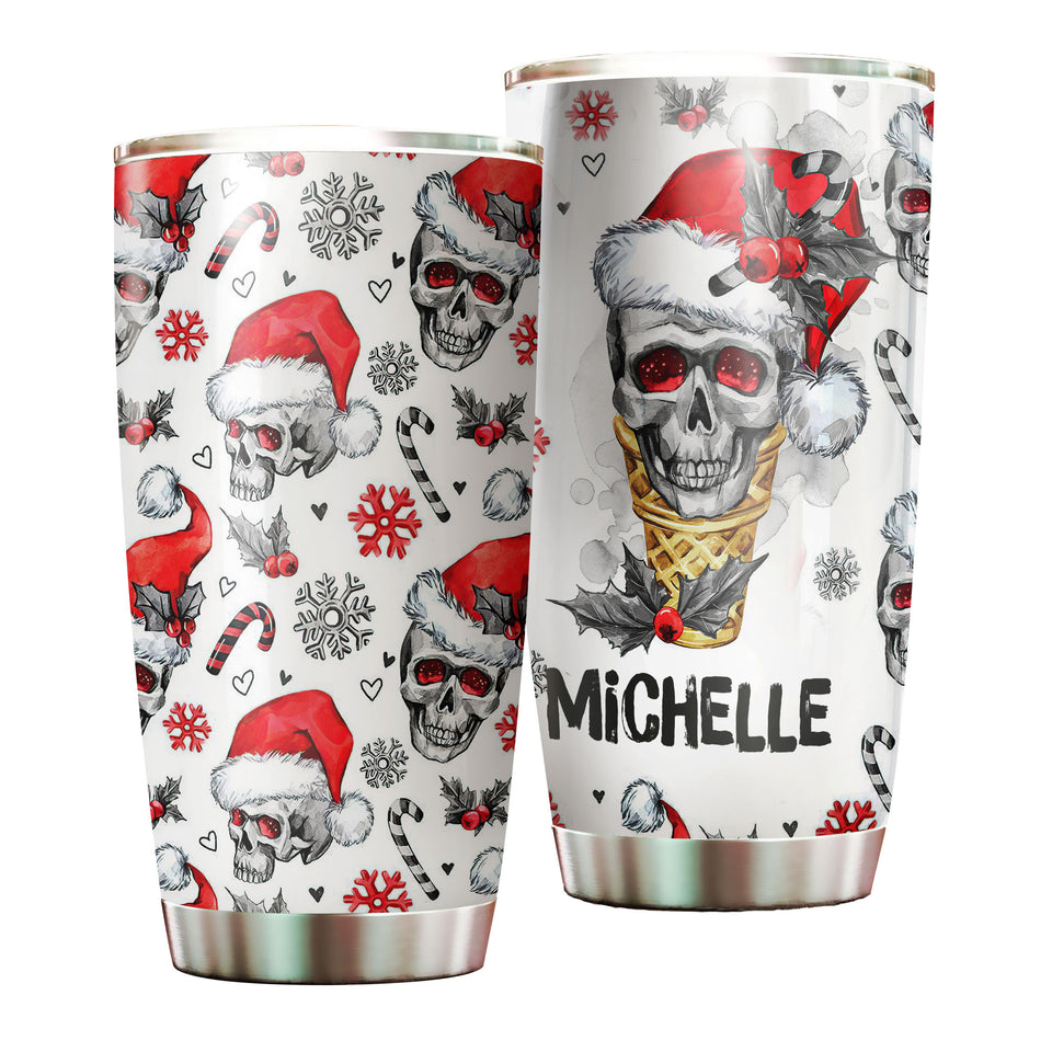 Camellia Personalized Skull Wearing Santa Hat Merry Christmas Stainless Steel Tumbler - Double-Walled Insulation Thermal Cup With Lid Gift For Xmas Holiday