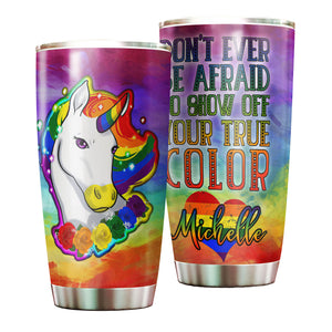 Camellia Personalized Rainbow Unicorn LGBT Pride Month Graphics Stainless Steel Tumbler - Double-Walled Insulation Thermal Cup With Lid Gift For Gay Lesbian