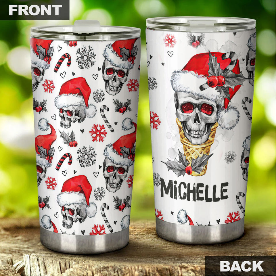 Camellia Personalized Skull Wearing Santa Hat Merry Christmas Stainless Steel Tumbler - Double-Walled Insulation Thermal Cup With Lid Gift For Xmas Holiday