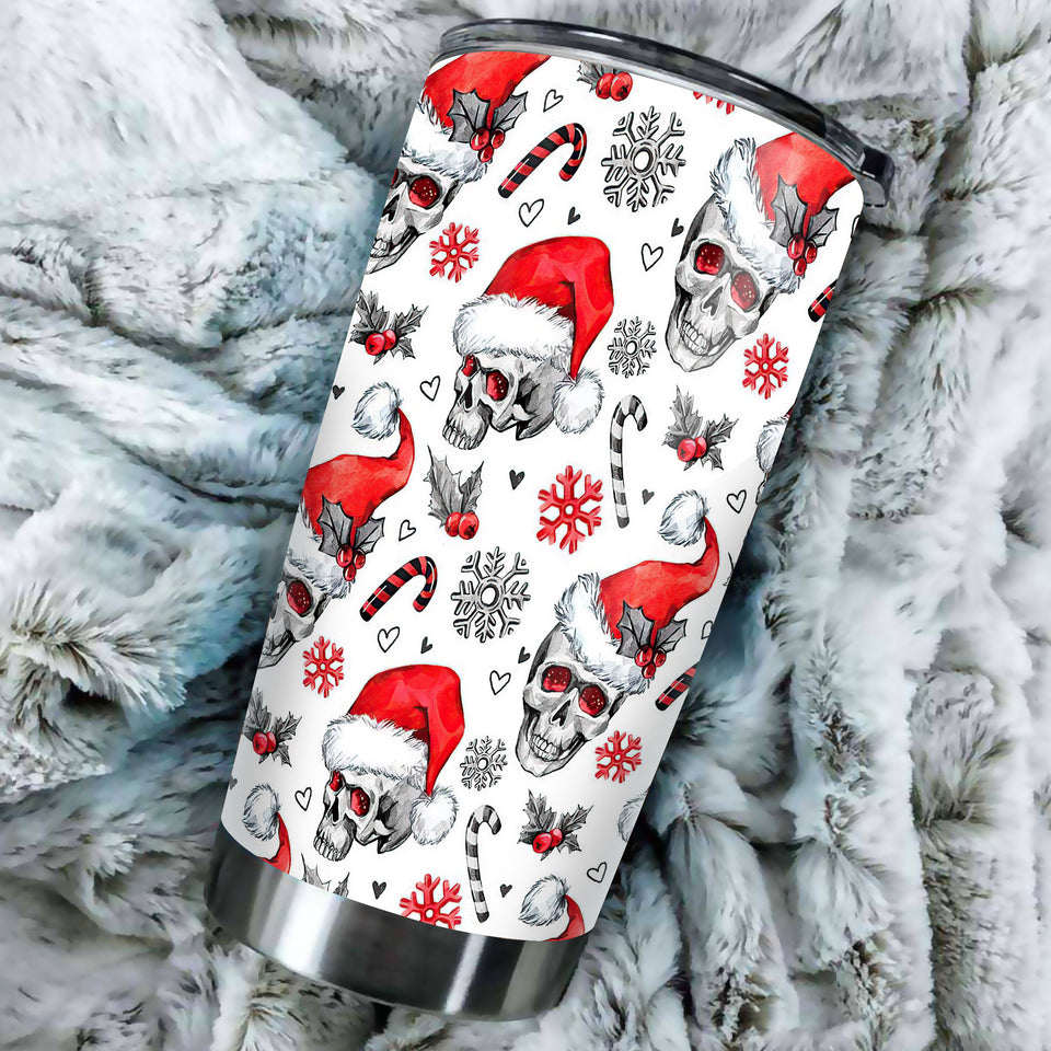 Camellia Personalized Skull Wearing Santa Hat Merry Christmas Stainless Steel Tumbler - Double-Walled Insulation Thermal Cup With Lid Gift For Xmas Holiday