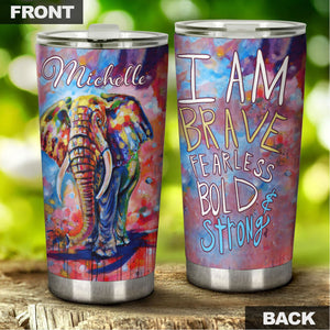 Camellia Personalized Watercolor Elephant I Am Brave Fearless Stainless Steel Tumbler - Double-Walled Insulation Travel Thermal Cup With Lid Gift For Hippie Hipster