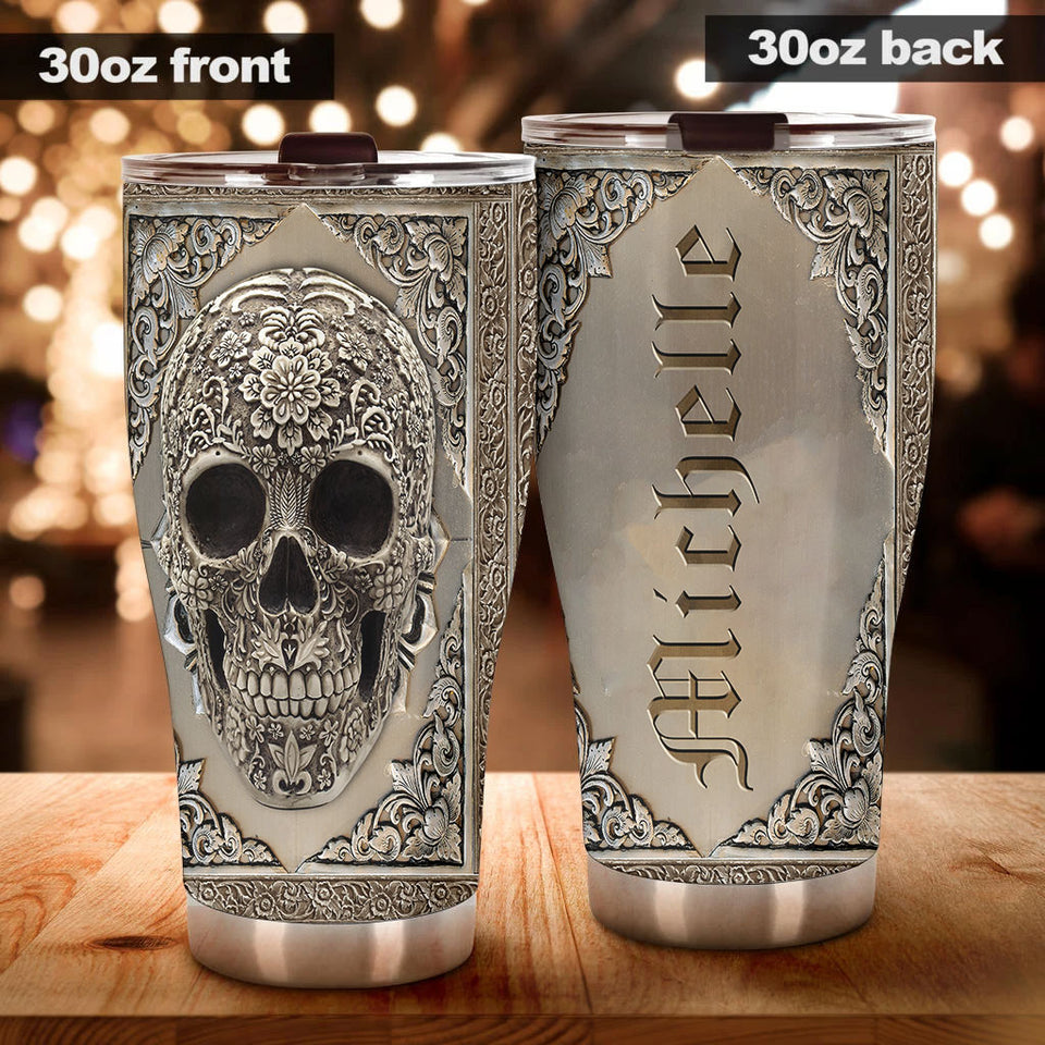 Camellia Personalized Metal Skull Skeleton Stainless Steel Tumbler - Double-Walled Insulation Travel Thermal Cup With Lid