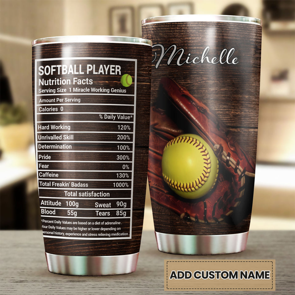 Camellia Personalized Softball Player Nutrition Facts Stainless Steel Tumbler - Double-Walled Insulation Sporty Thermal Cup With Lid Gift For Sport Lover