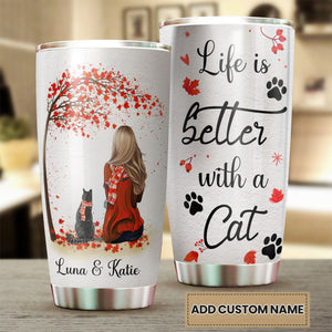 Camellia Personalized Autumn Girl Black Cat Life Is Better With Cat Stainless Steel Tumbler - Double-Walled Insulation Thermal Cup With Lid Gift For Pet Lover Cat Mom