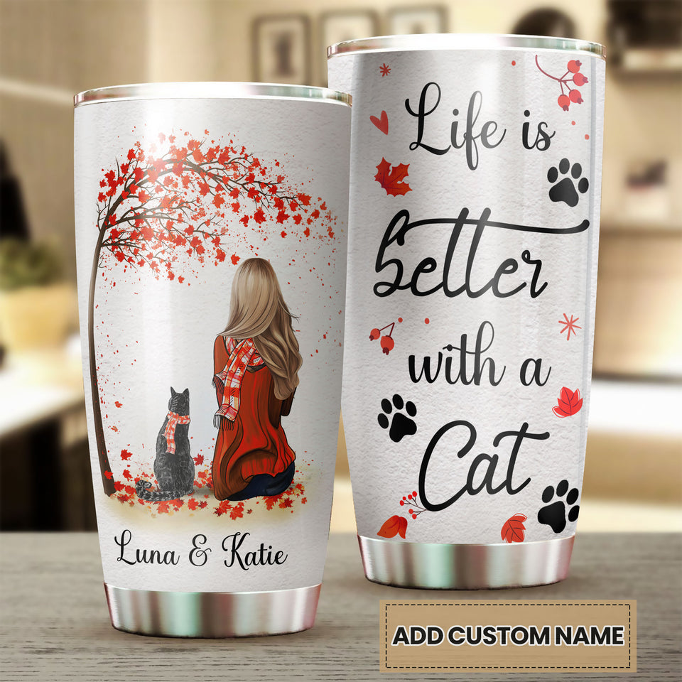 Camellia Personalized Autumn Girl Black Cat Life Is Better With Cat Stainless Steel Tumbler - Double-Walled Insulation Thermal Cup With Lid Gift For Pet Lover Cat Mom