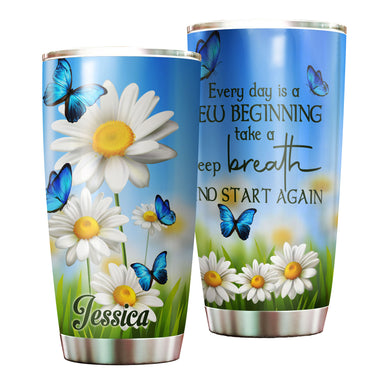 Camellia Personalized Daisy Butterfly Everyday Is A New Beginning Motivational Quote Stainless Steel Tumbler - Double-Walled Insulation Travel Thermal Cup With Lid