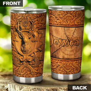 Camellia Personalized Deer Hunting Wooden Style Stainless Steel Tumbler - Double-Walled Insulation Travel Thermal Cup With Lid Gift For Deer Hunter Men